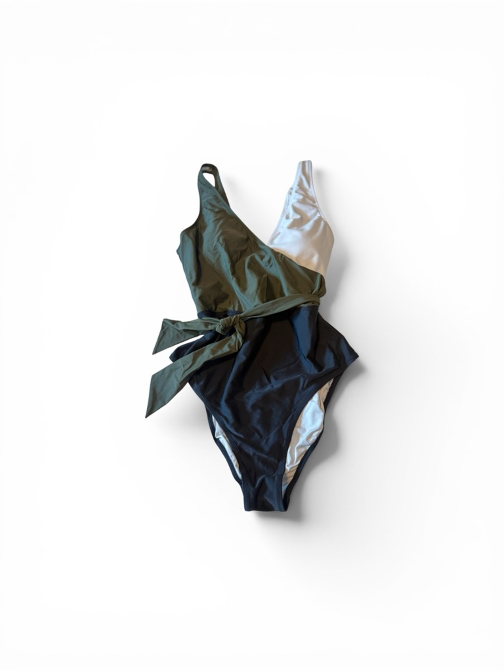 Cupshe XL Olive, White & Black Colorblock One-Piece Swimsuit with Tie Waist - Picture 2 of 5